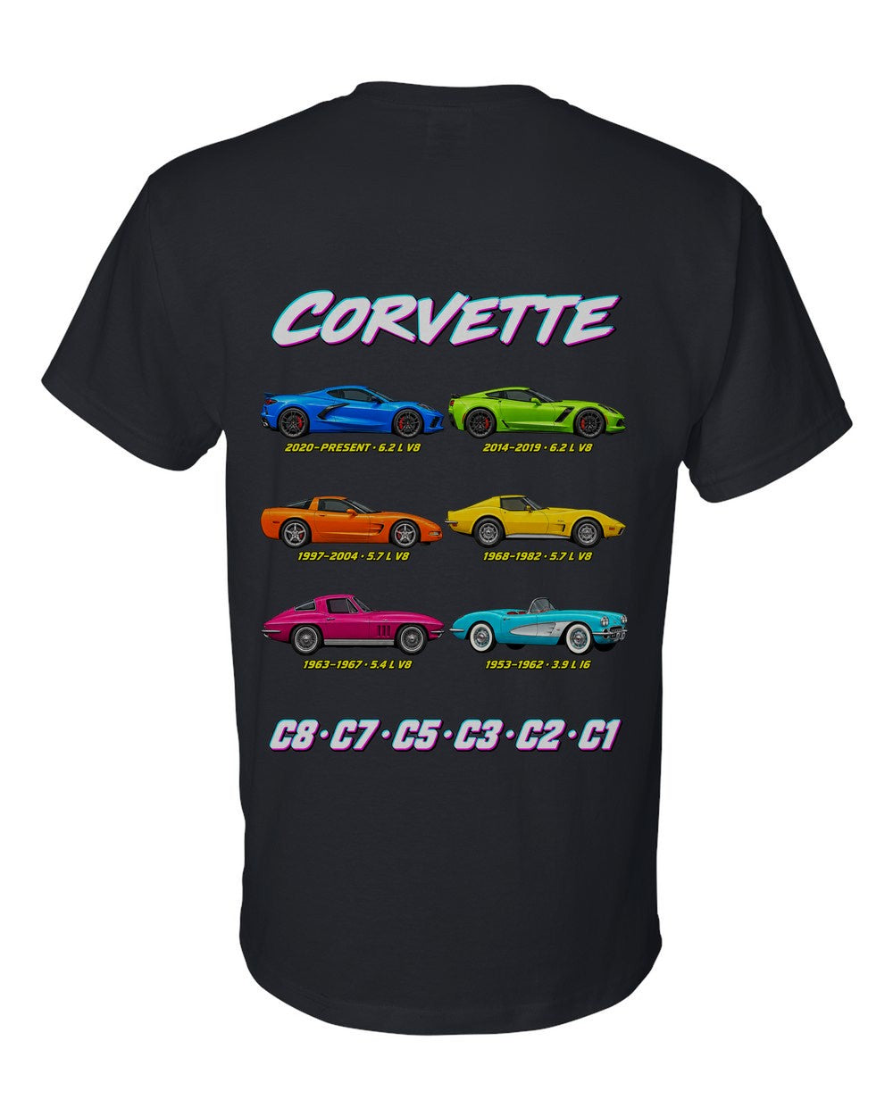 Chevy Corvette evolution poster black t-shirt back view with the design