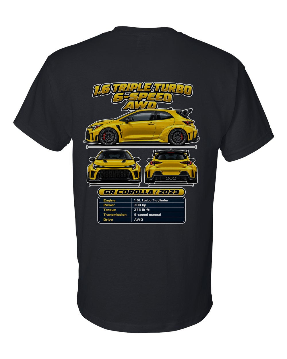 Toyota GR Corolla spec sheet black t-shirt back view with the design