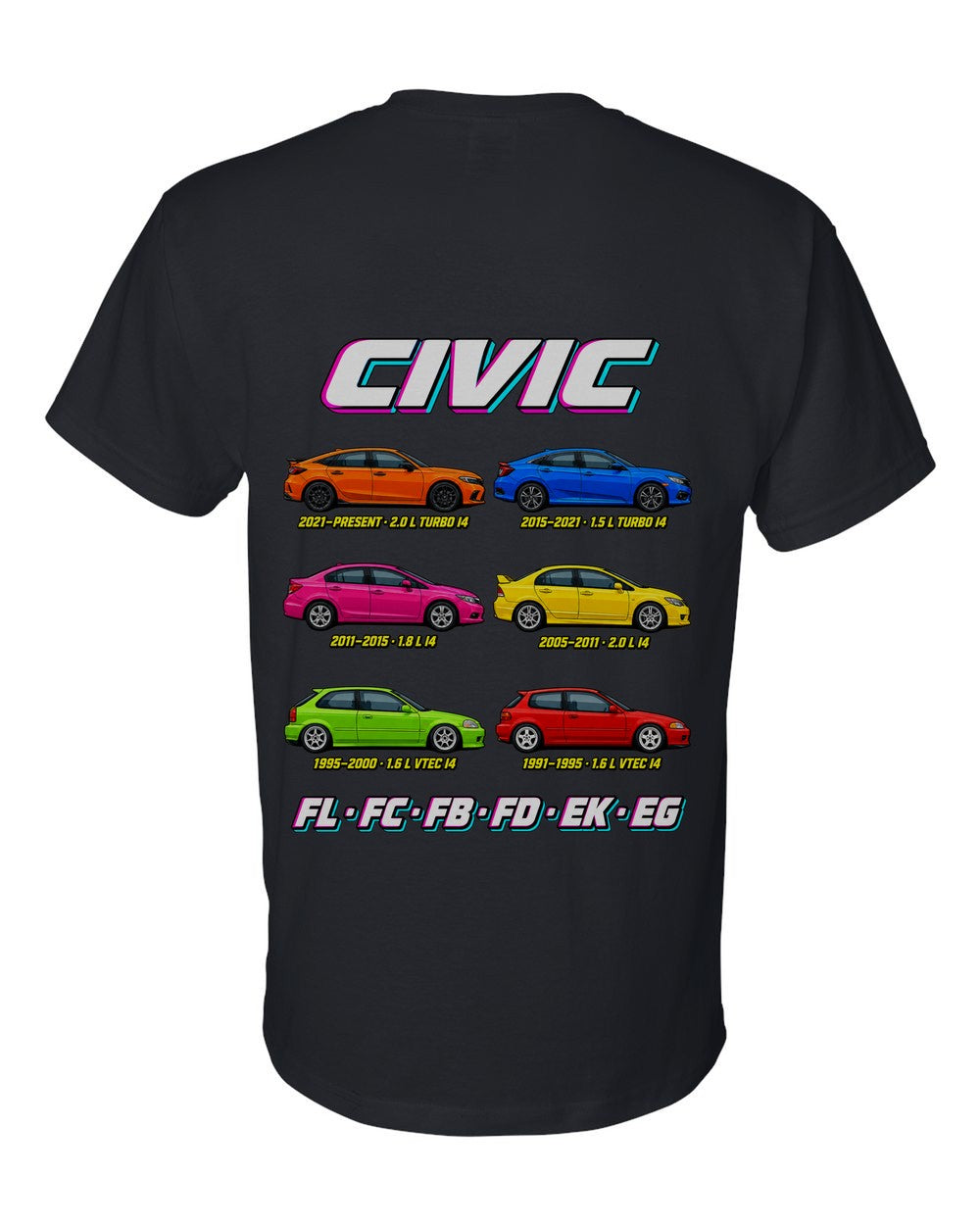 Honda Civic evolution poster black t-shirt back view with the design