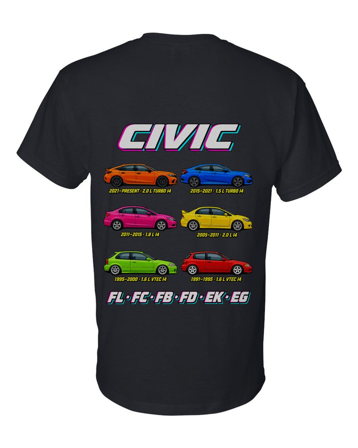 Honda Civic evolution poster black t-shirt back view with the design