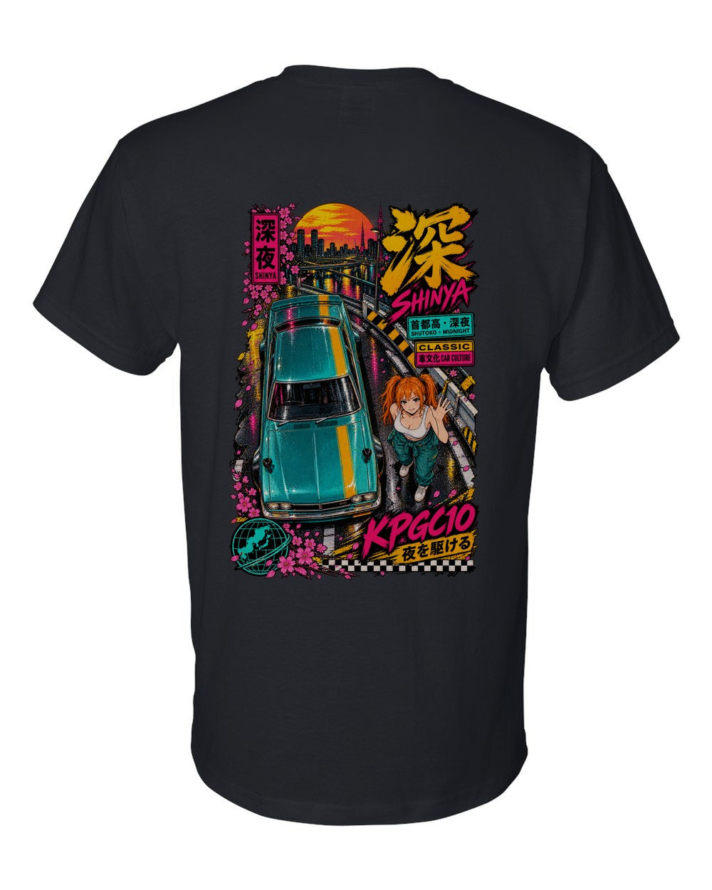 SHINYA KPGC10 full-back artwork black t-shirt back view with the design