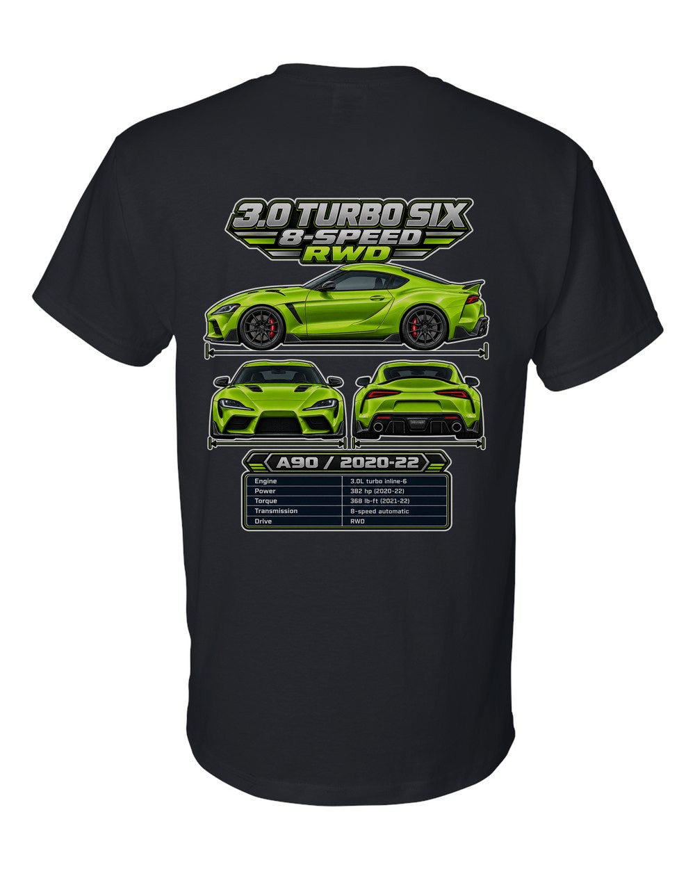 Toyota GR Supra A90 spec sheet black t-shirt back view with the design