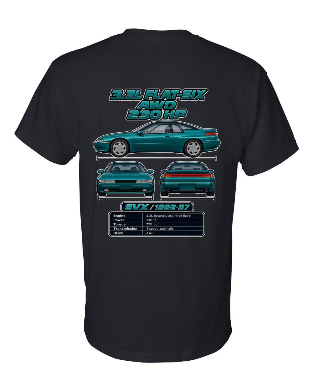 Subaru Svx spec sheet black t-shirt back view with the design