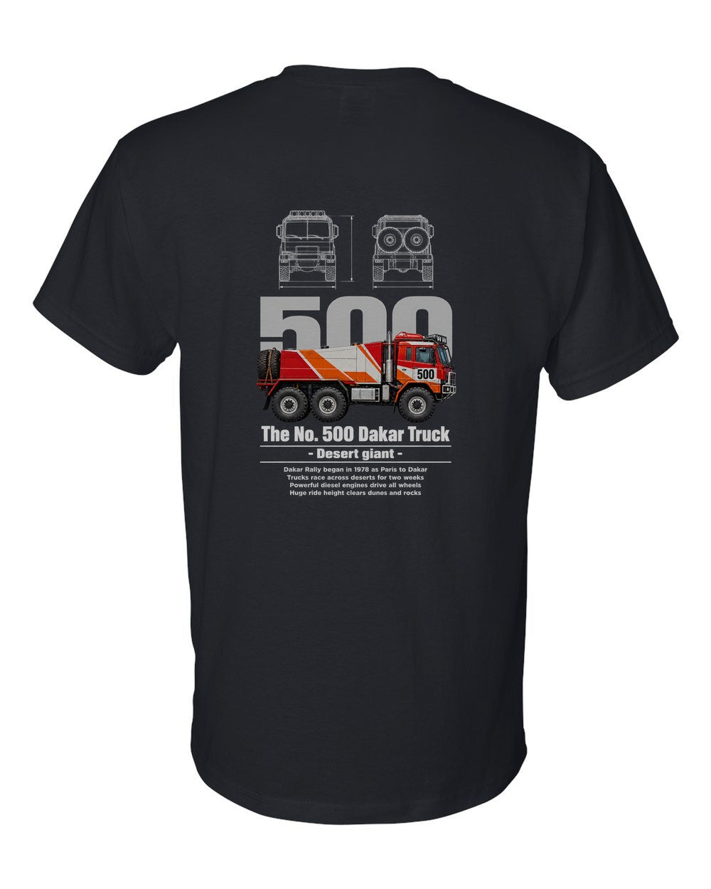 No. 500 Dakar Truck black t-shirt back view with the design