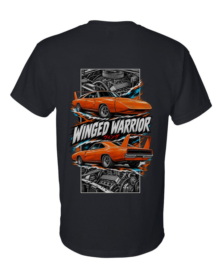 Dodge Charger Daytona torn poster black t-shirt back view with the design