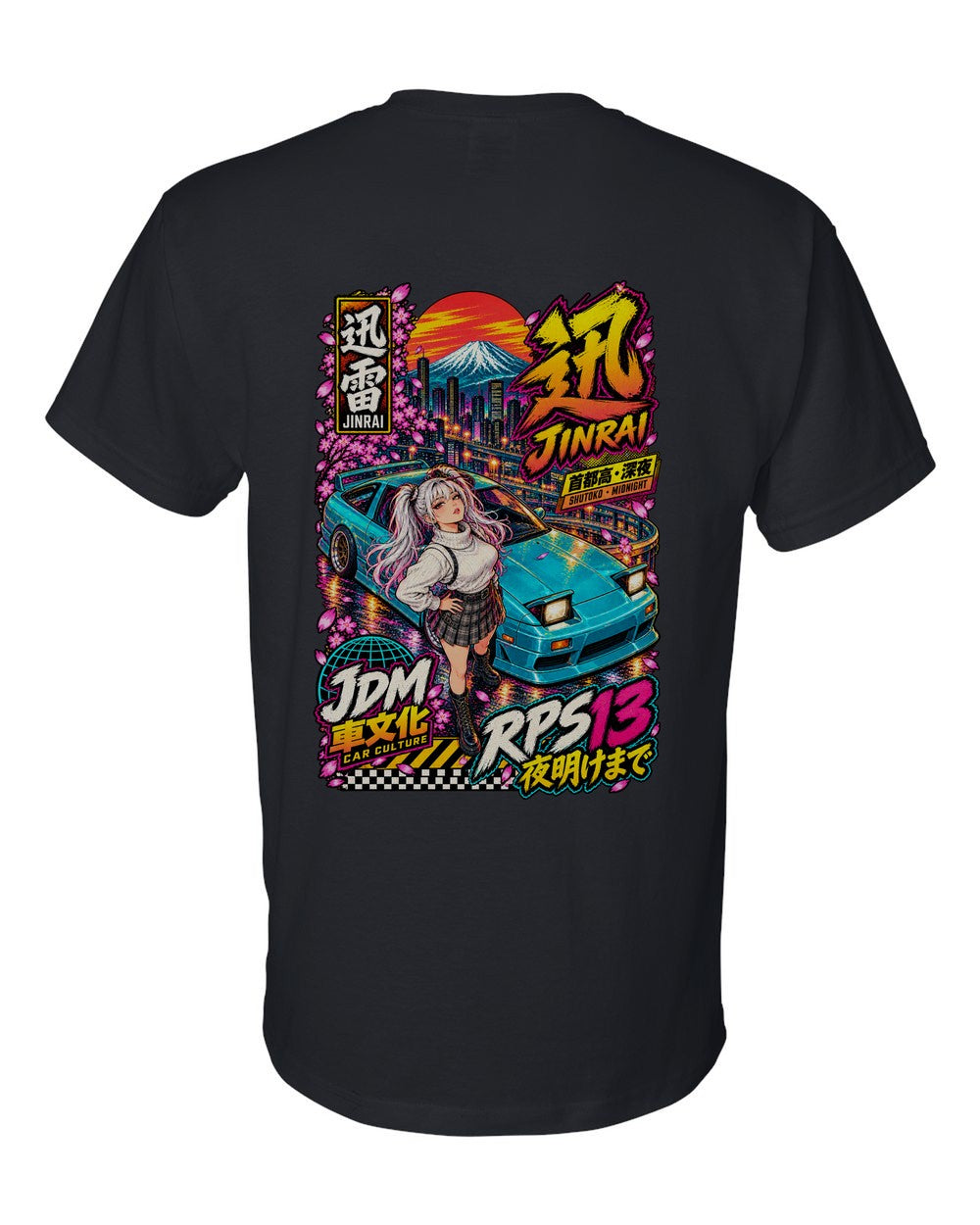 JINRAI RPS13 full-back artwork black t-shirt back view with the design