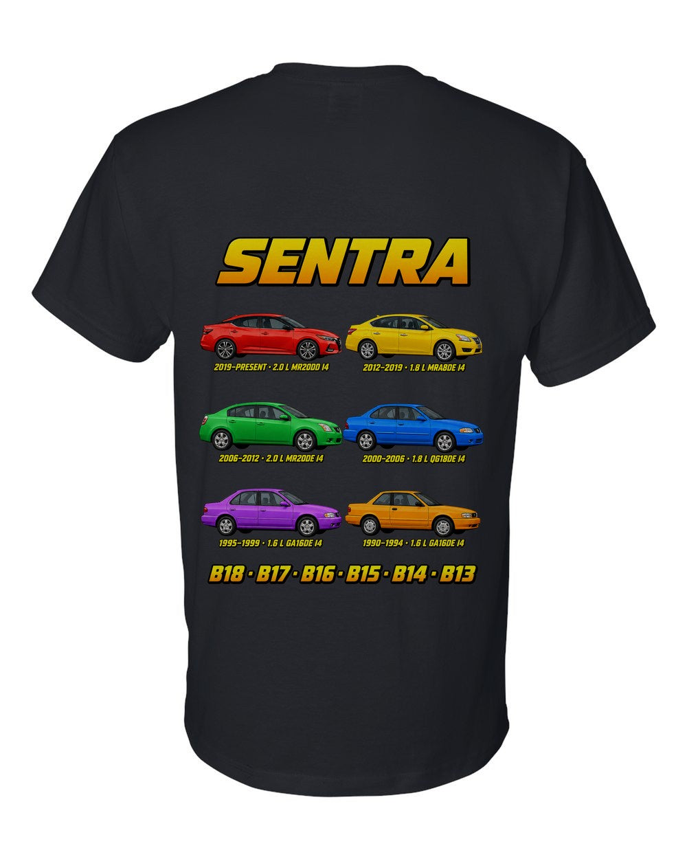Nissan Sentra evolution poster black t-shirt back view with the design