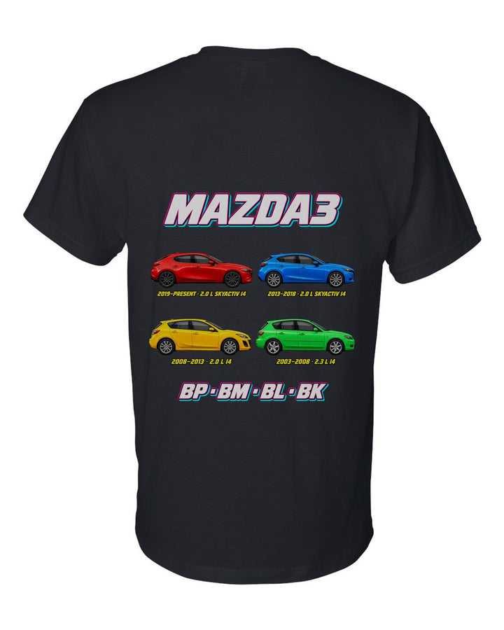 Mazda 3 evolution poster black t-shirt back view with the design