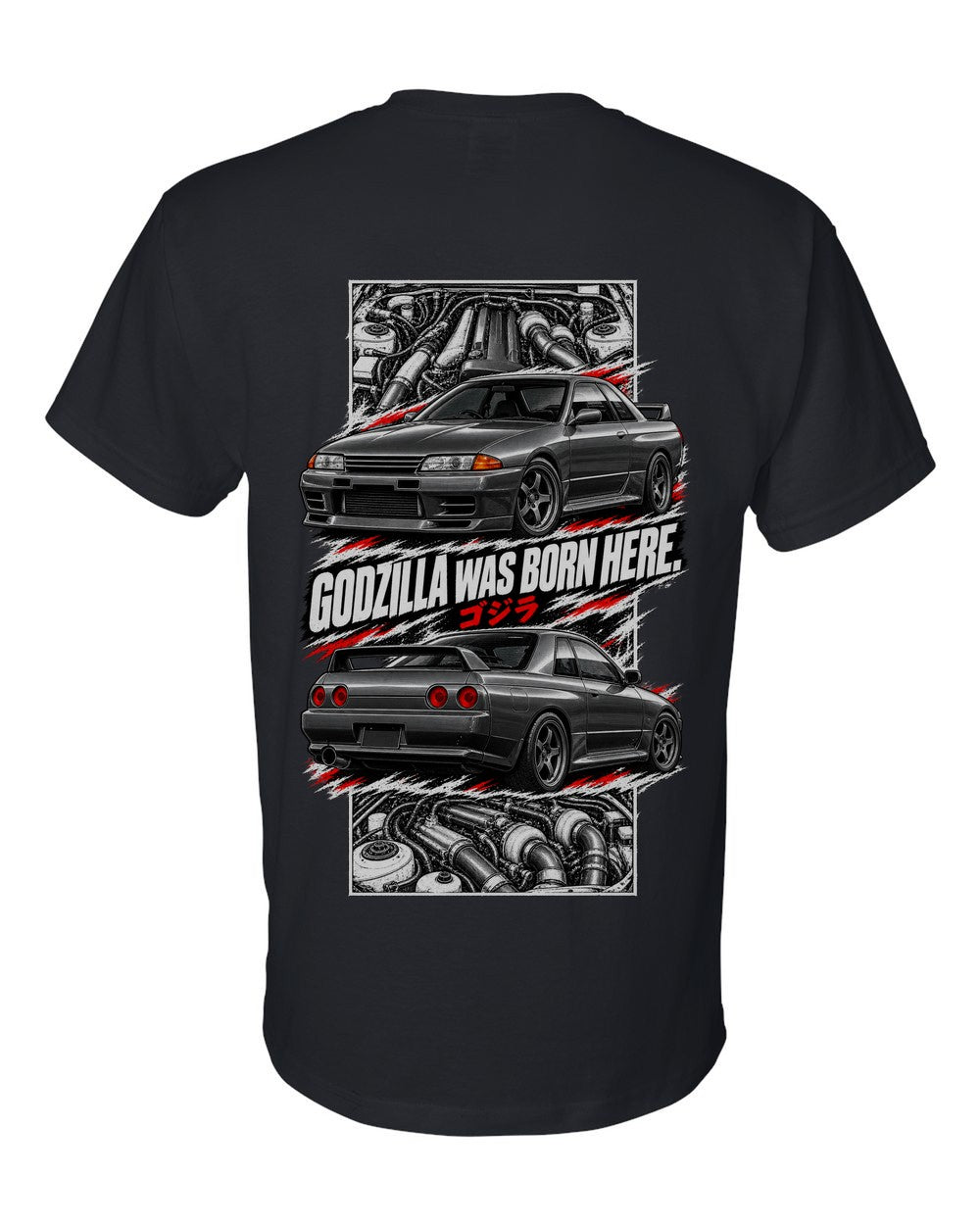 Nissan Skyline GT-R R32 torn poster black t-shirt back view with the design