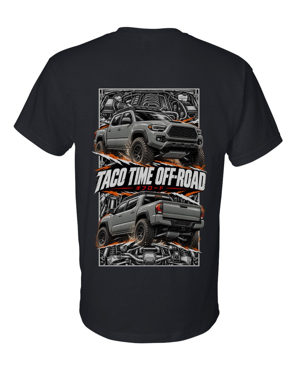 Toyota Tacoma TRD torn poster black t-shirt back view with the design