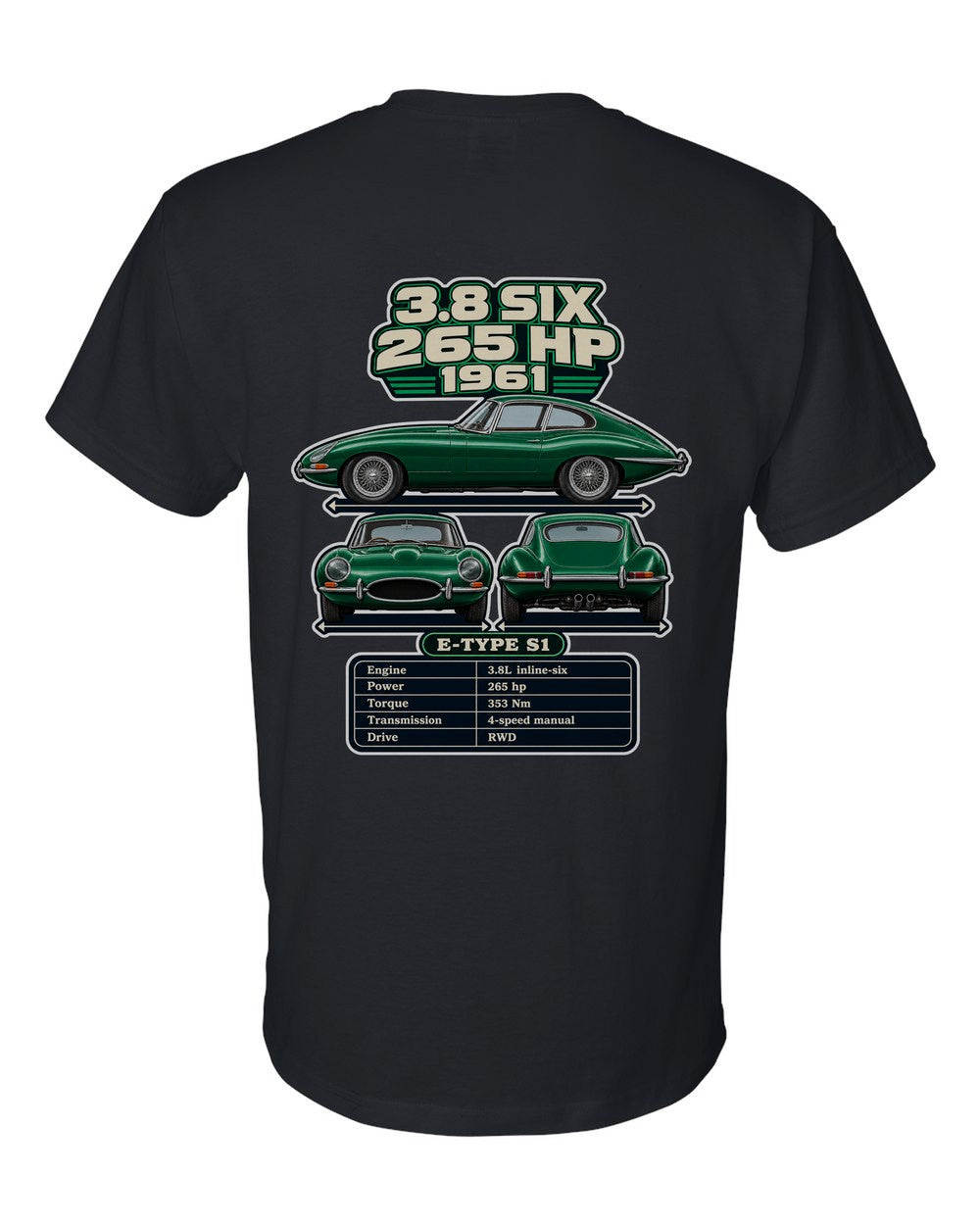 Jaguar E Type Series 1 spec sheet black t-shirt back view with the design