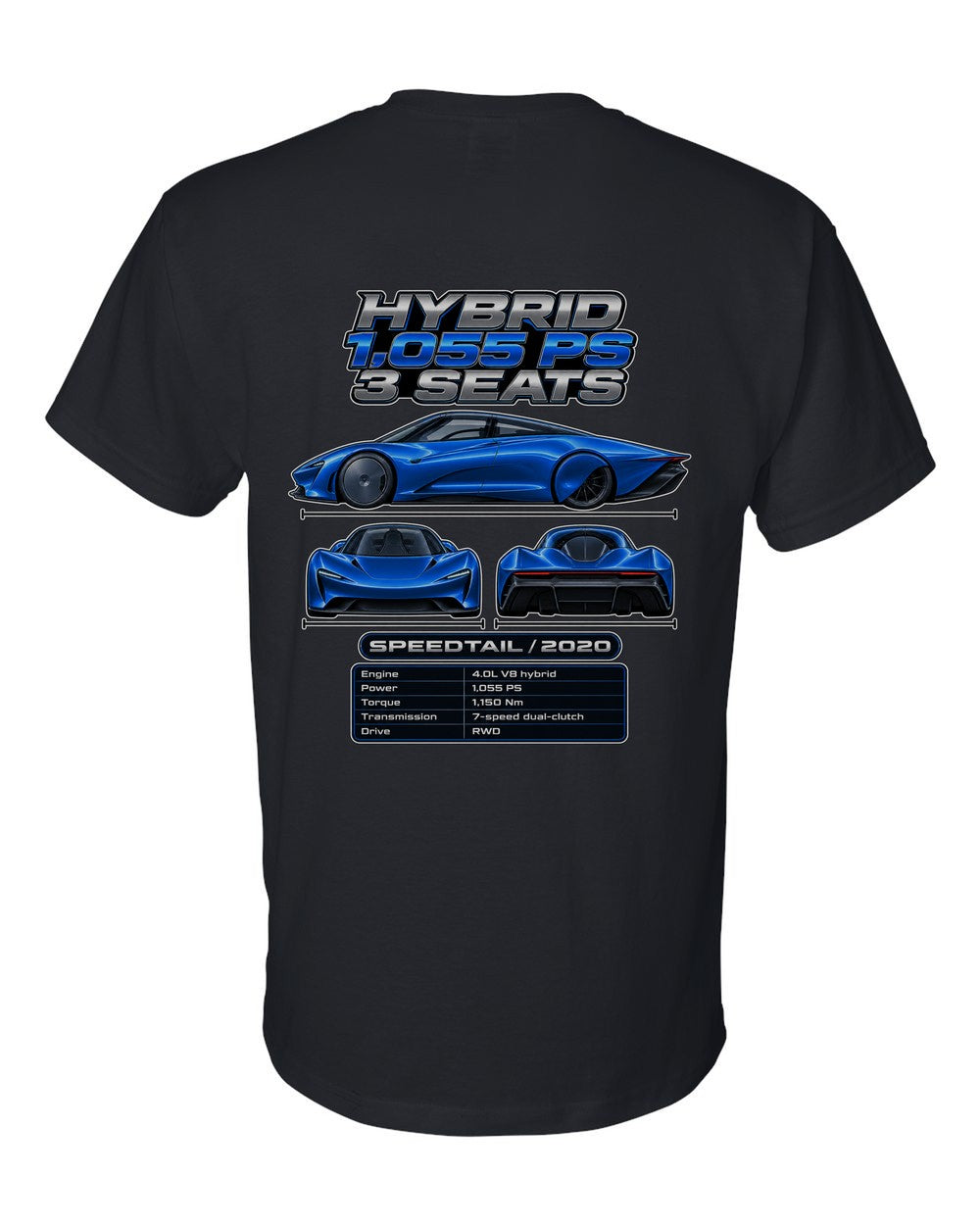 Mclaren Speedtail spec sheet black t-shirt back view with the design