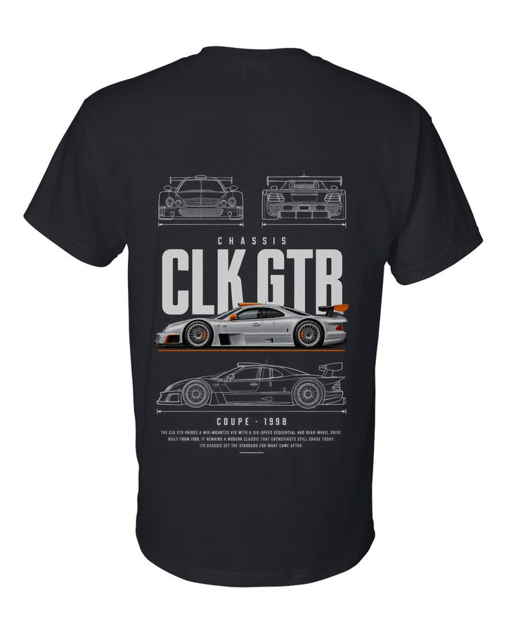 CLK GTR full-back artwork black t-shirt back view with the design