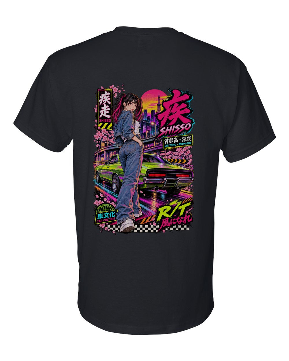 SHISSO R/T full-back artwork black t-shirt back view with the design