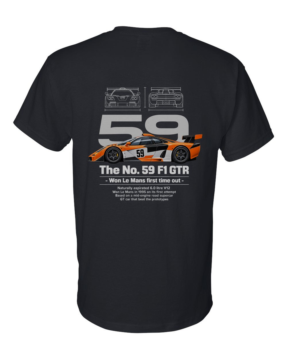 No. 59 F1 GTR black t-shirt back view with the design