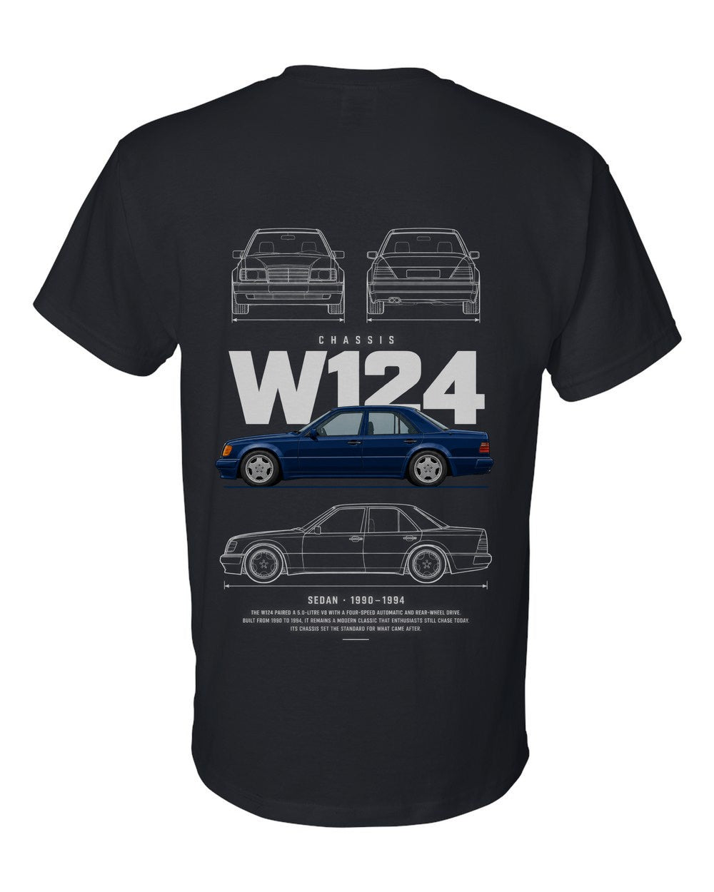 W124 full-back artwork black t-shirt back view with the design