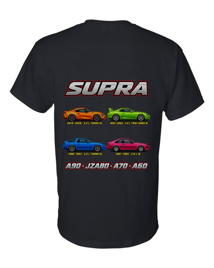 Toyota Supra evolution poster black t-shirt back view with the design