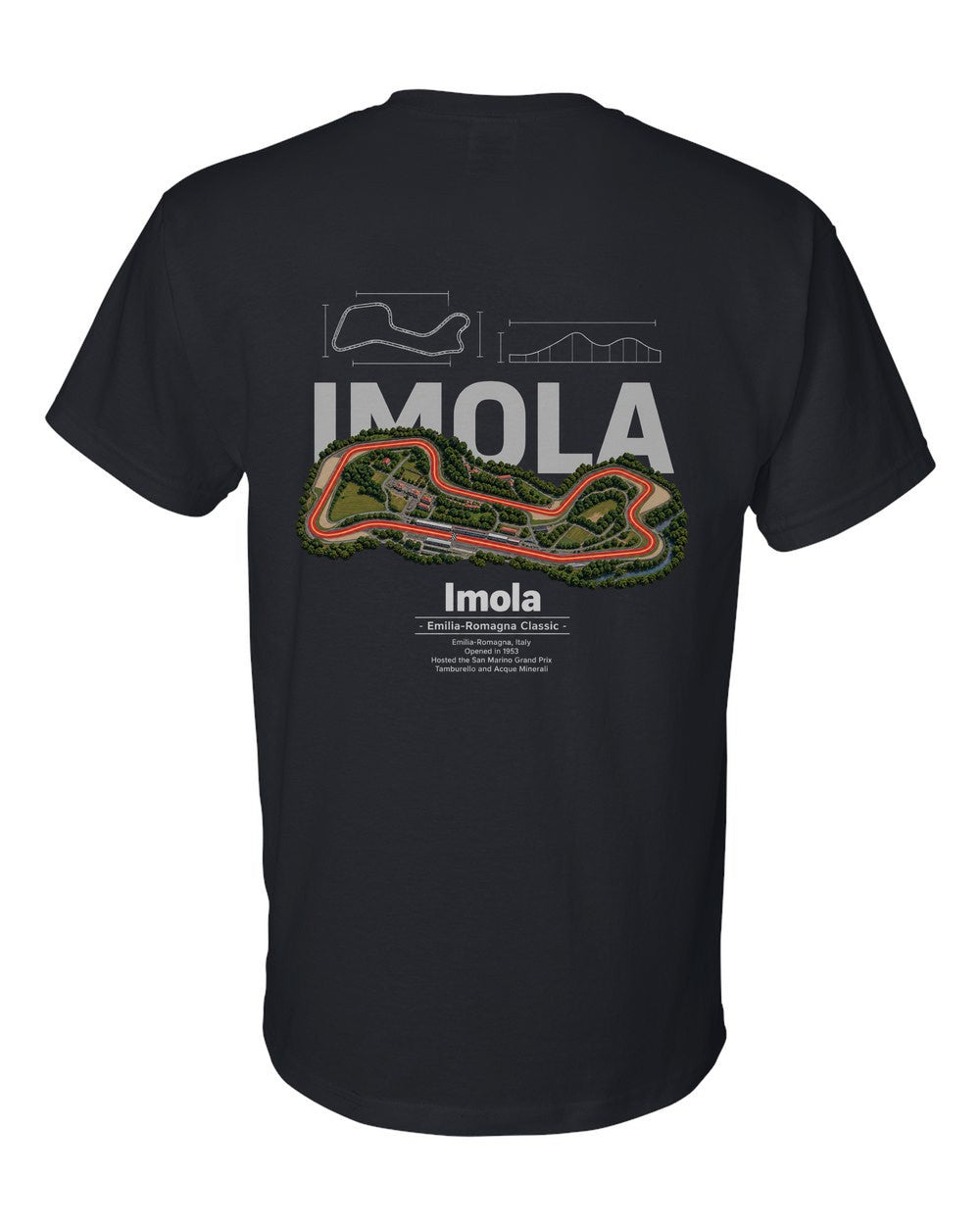 Imola black t-shirt back view with the design