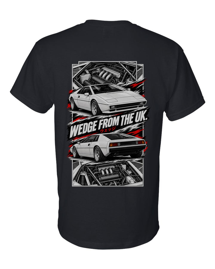 Lotus Esprit torn poster black t-shirt back view with the design