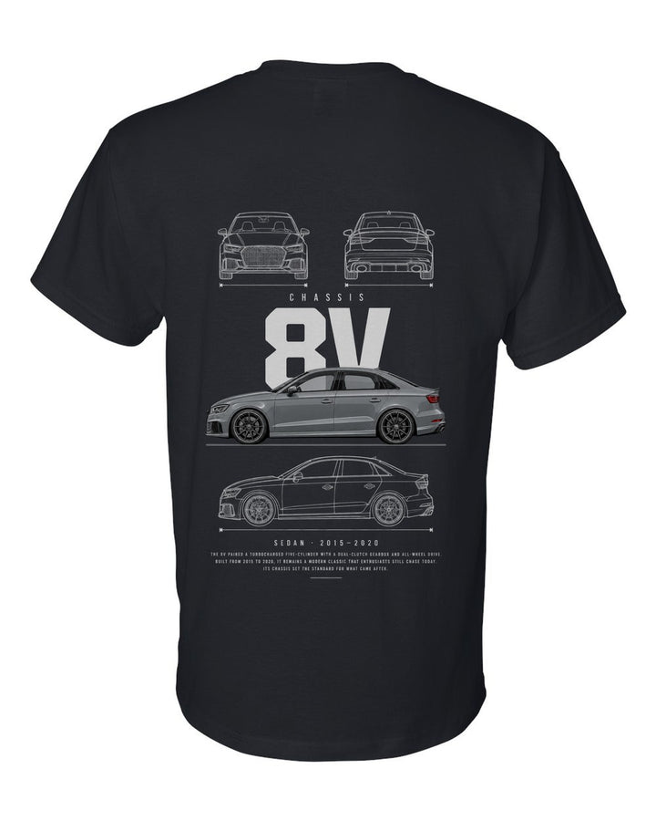 8V full-back artwork black t-shirt back view with the design