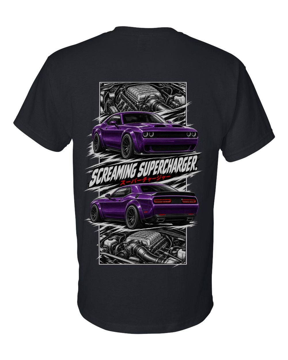Dodge Hellcat torn poster black t-shirt back view with the design