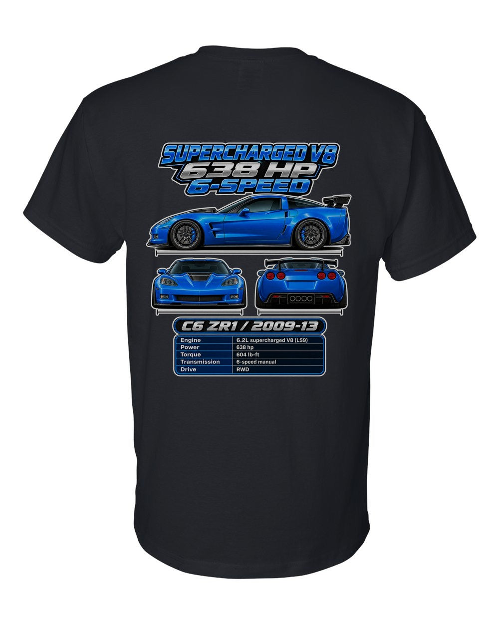 Chevrolet Corvette C6 Zr1 spec sheet black t-shirt back view with the design