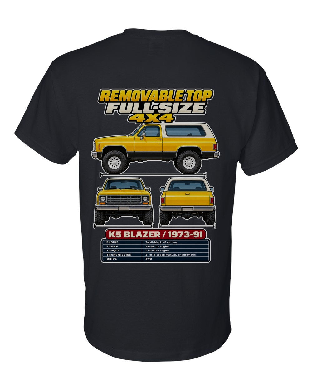 Chevrolet K5 Blazer spec sheet black t-shirt back view with the design