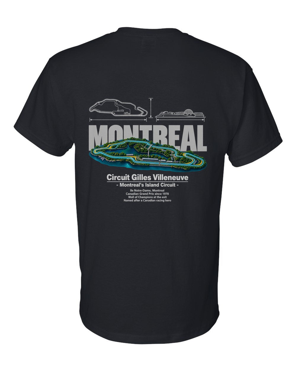 Circuit Gilles Villeneuve black t-shirt back view with the design