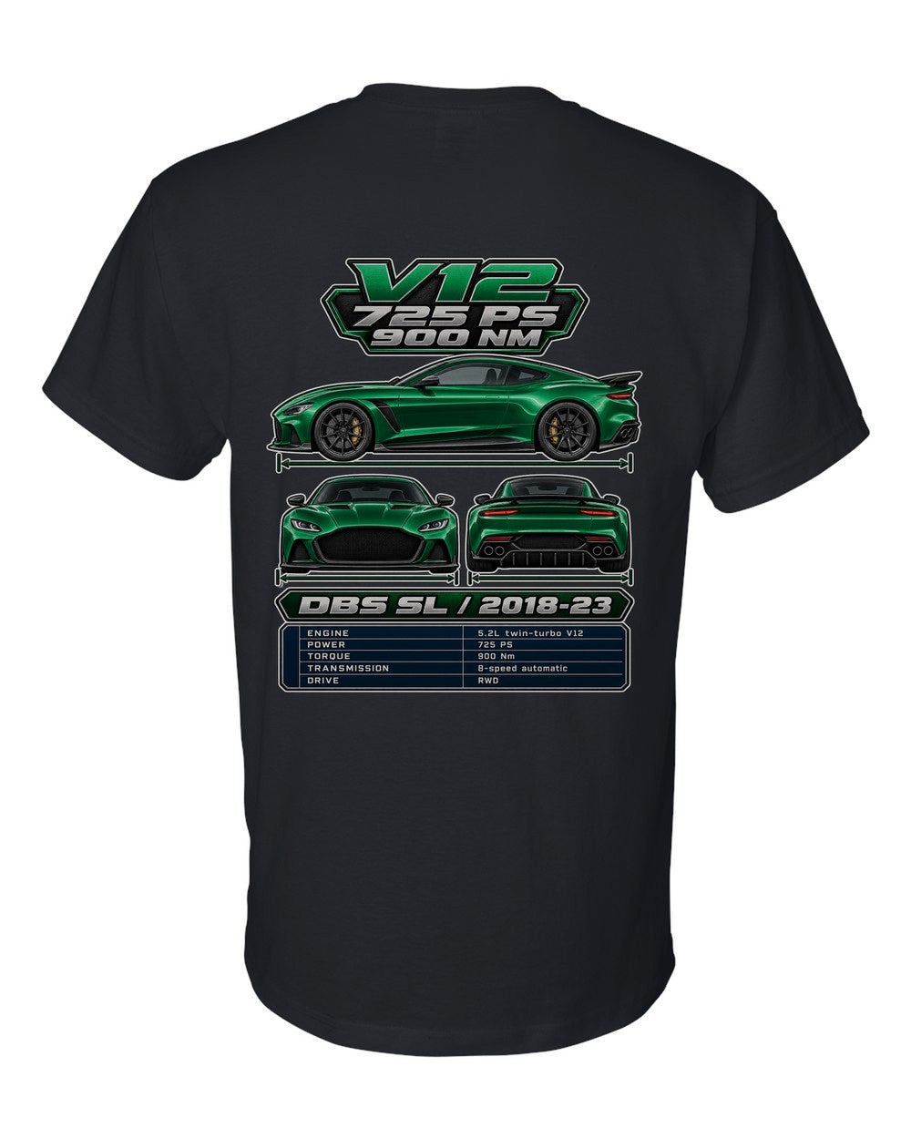 Aston Martin Dbs Superleggera spec sheet black t-shirt back view with the design