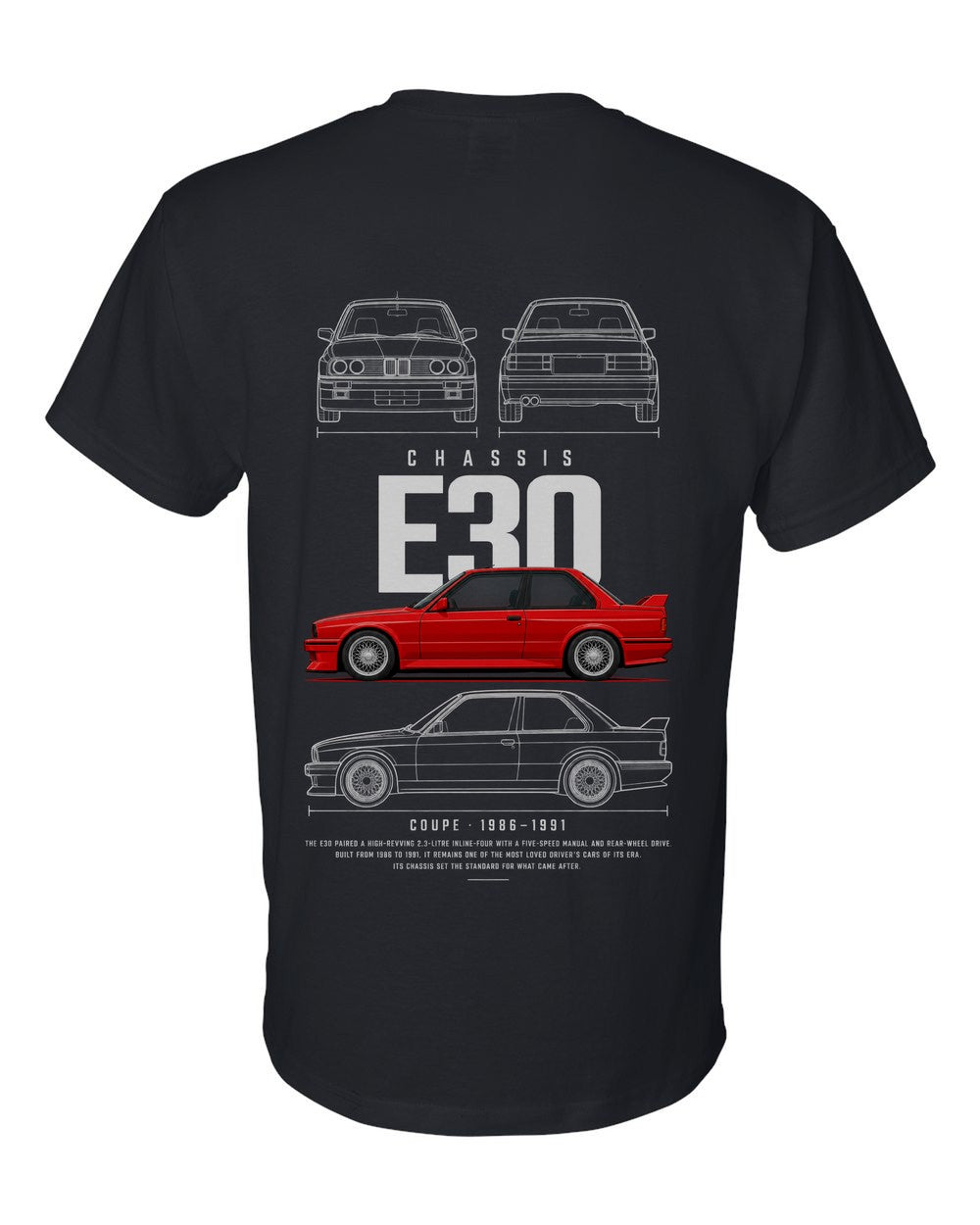 E30 full-back artwork black t-shirt back view with the design