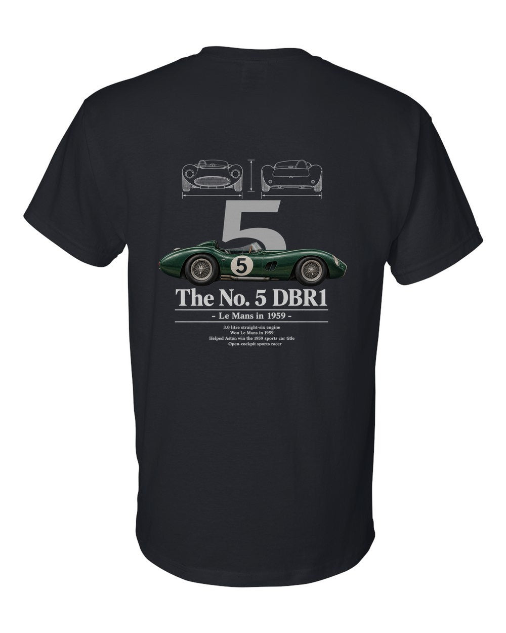 No. 5 DBR1 black t-shirt back view with the design