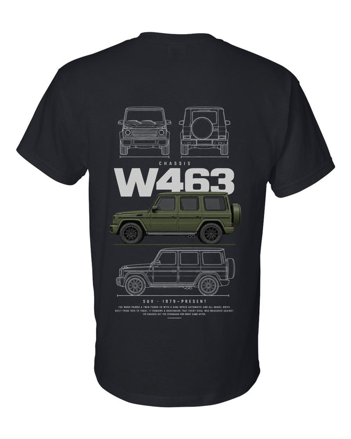 W463 full-back artwork black t-shirt back view with the design