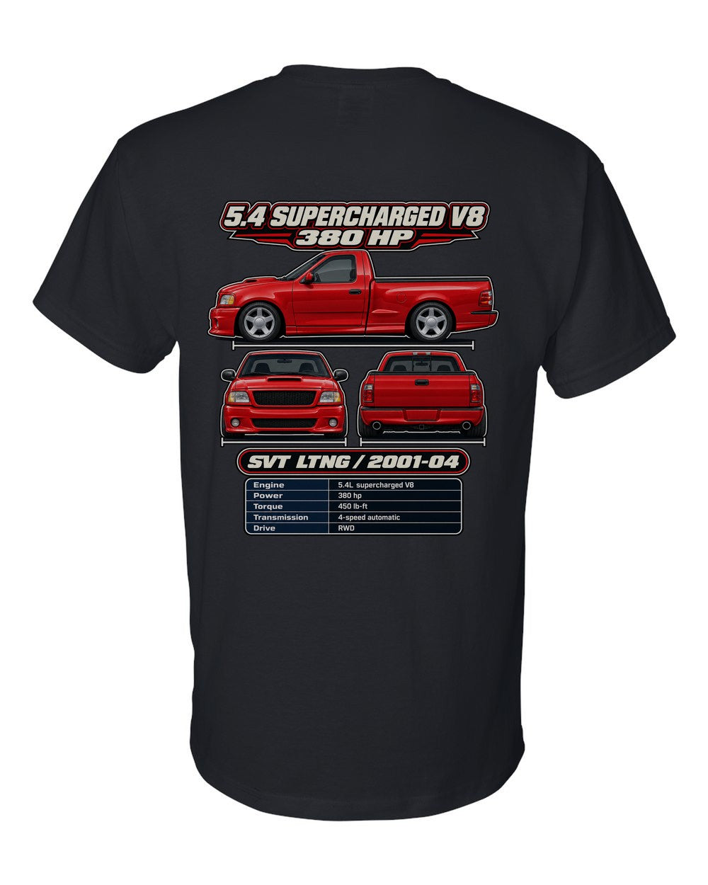 Ford F 150 SVT Lightning spec sheet black t-shirt back view with the design
