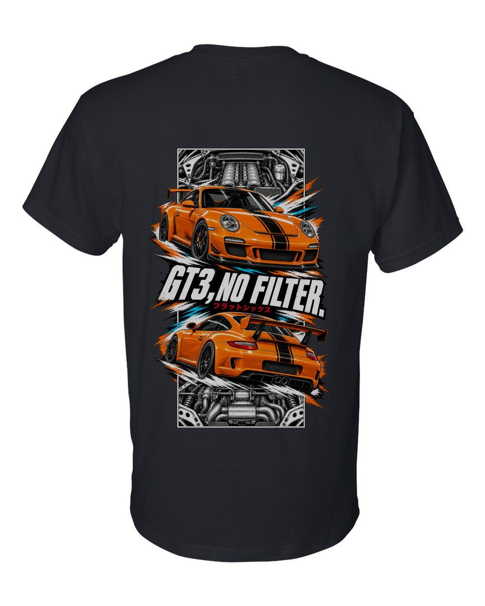 Porsche 997 Gt3 torn poster black t-shirt back view with the design