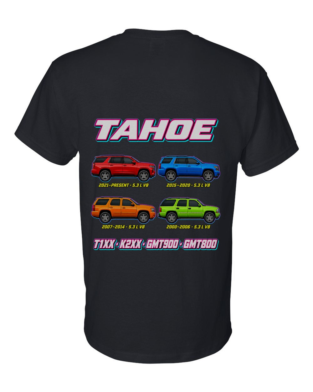 Chevrolet Tahoe evolution poster black t-shirt back view with the design