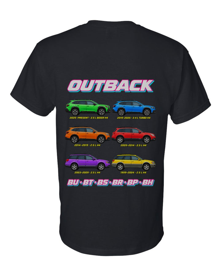 Subaru Outback evolution poster black t-shirt back view with the design
