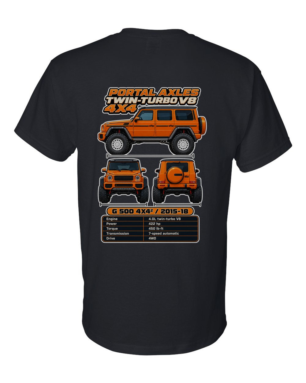 Mercedes G500 4X4 Squared spec sheet black t-shirt back view with the design