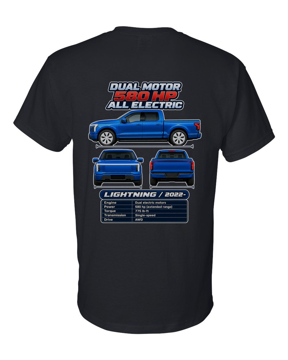 Ford F150 Lightning spec sheet black t-shirt back view with the design