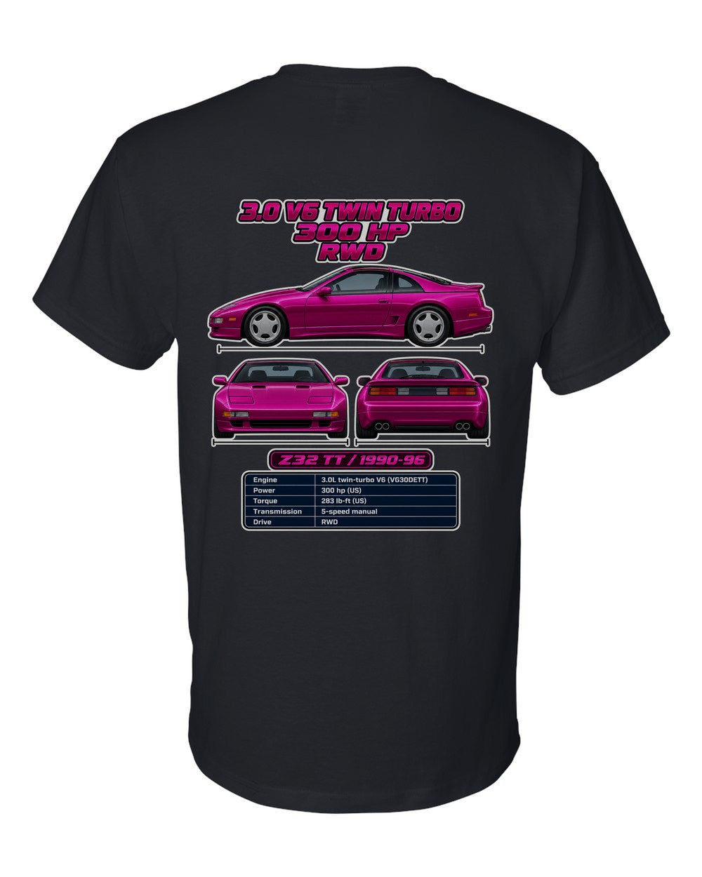 Nissan 300Zx Twin Turbo Z32 spec sheet black t-shirt back view with the design