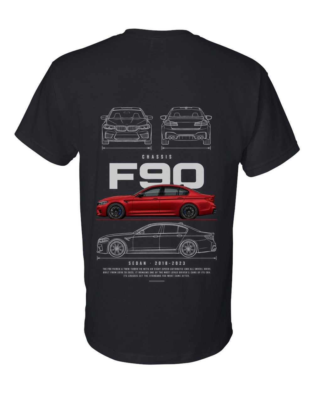 F90 full-back artwork black t-shirt back view with the design