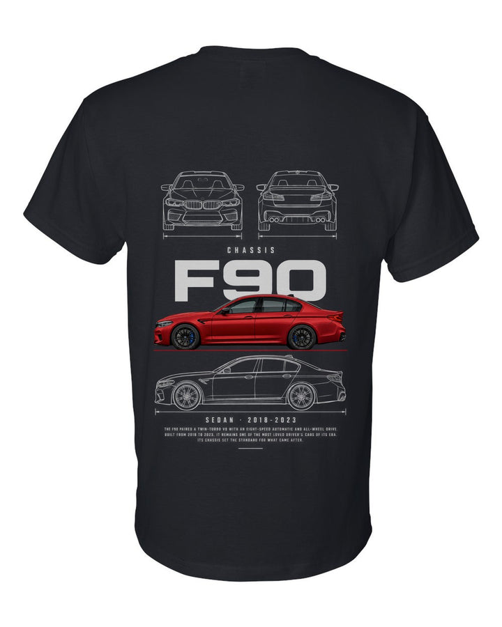 F90 full-back artwork black t-shirt back view with the design