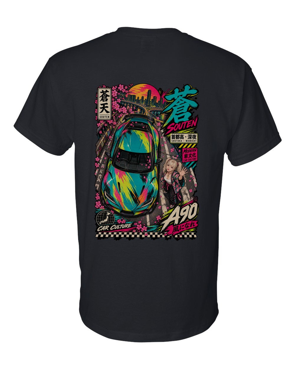 SOUTEN A90 full-back artwork black t-shirt back view with the design