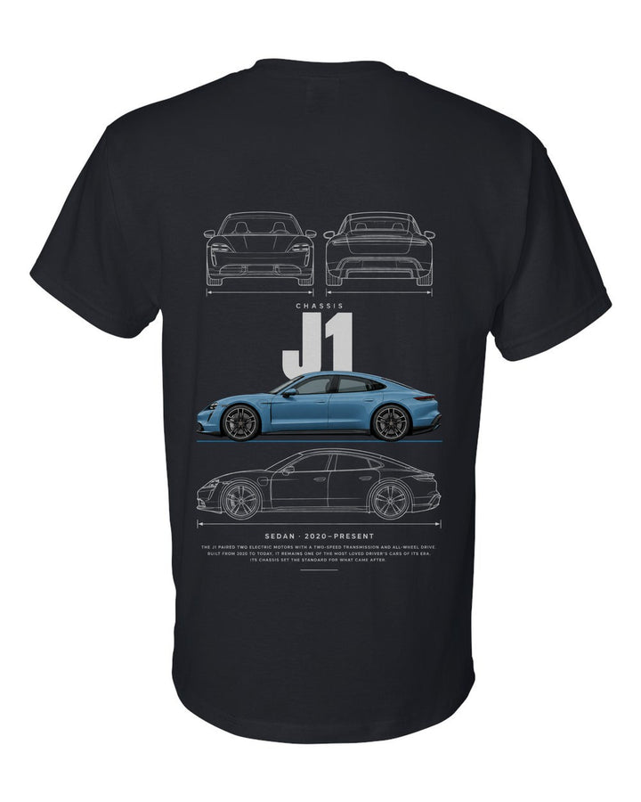 J1 full-back artwork black t-shirt back view with the design
