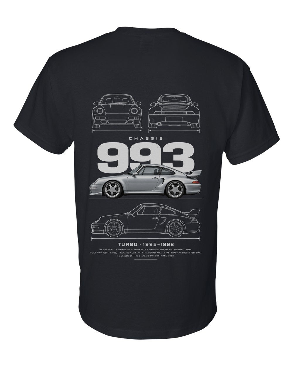 993 full-back artwork black t-shirt back view with the design
