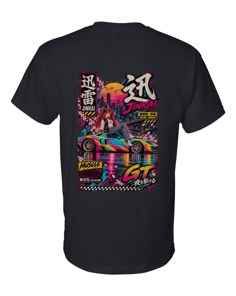 JINRAI GT full-back artwork black t-shirt back view with the design