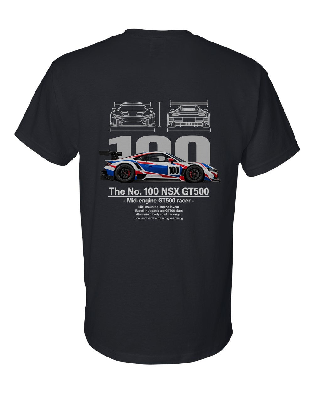 No. 100 NSX GT500 black t-shirt back view with the design