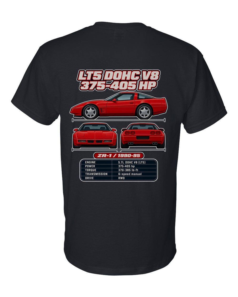 Chevrolet Corvette C4 Zr1 spec sheet black t-shirt back view with the design