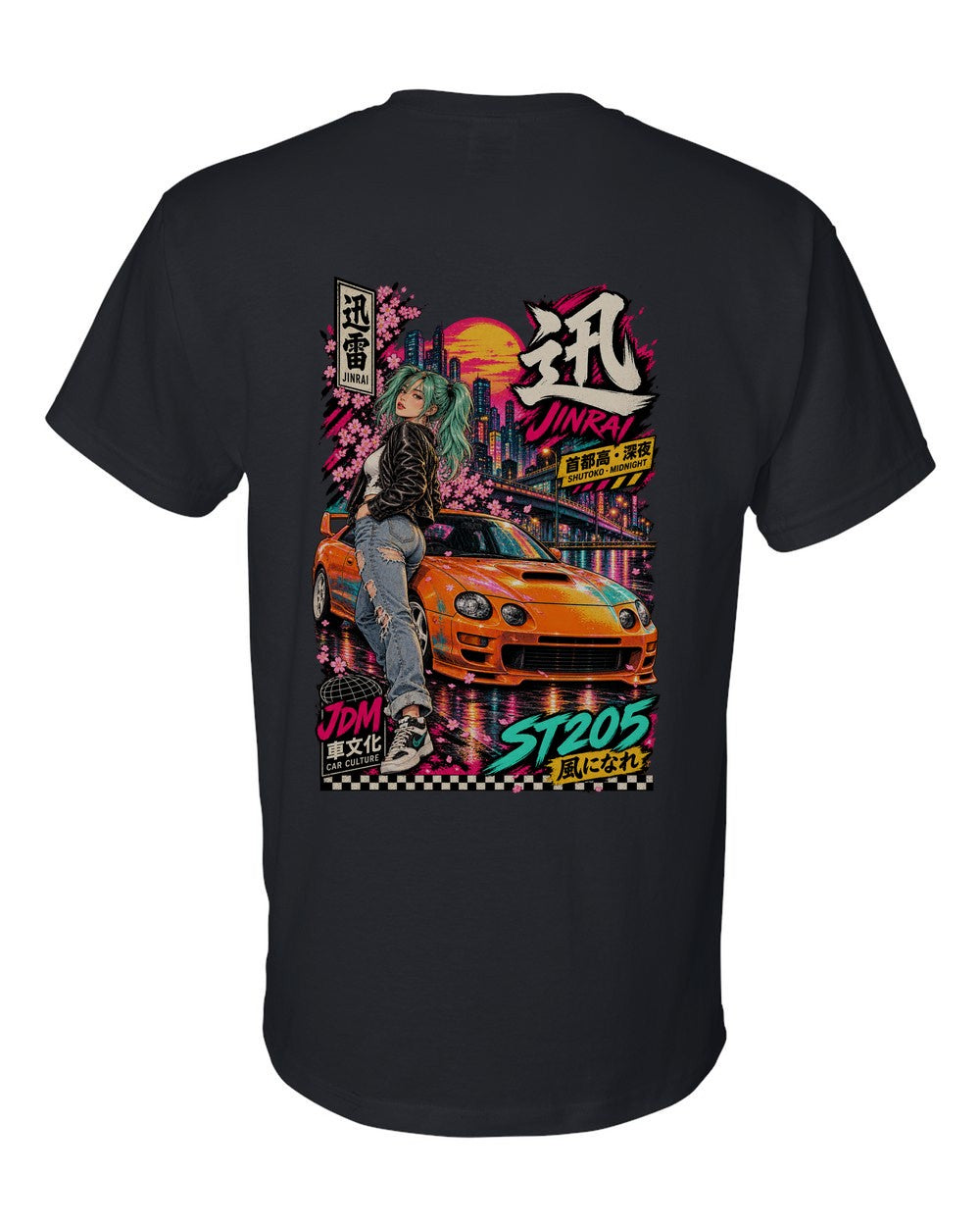 JINRAI ST205 full-back artwork black t-shirt back view with the design