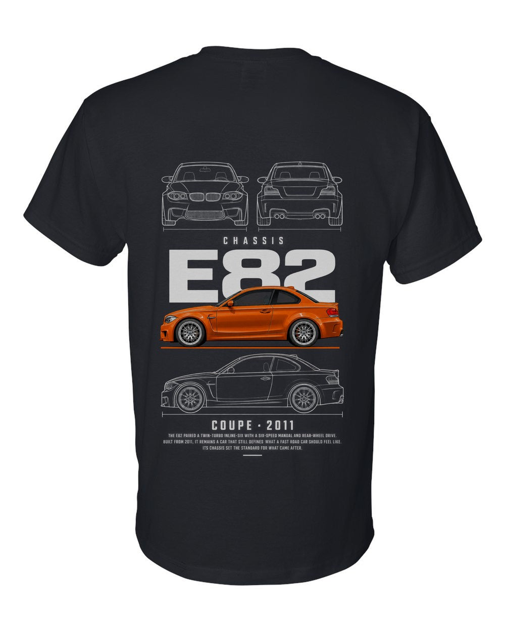 E82 full-back artwork black t-shirt back view with the design