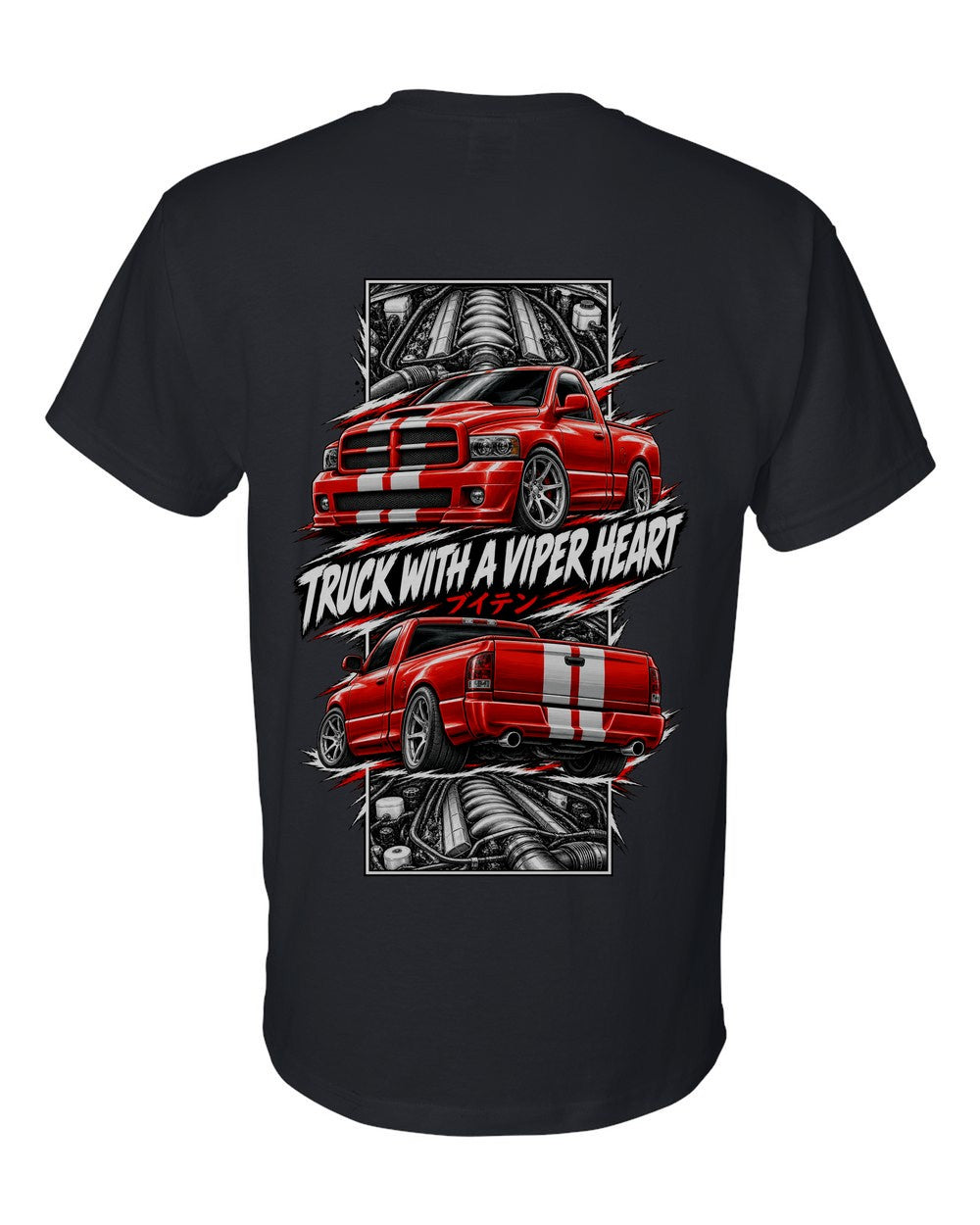 Dodge RAM SRT-10 torn poster black t-shirt back view with the design